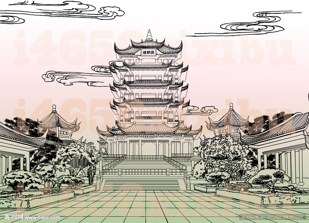 版刻工笔线稿黄鹤楼