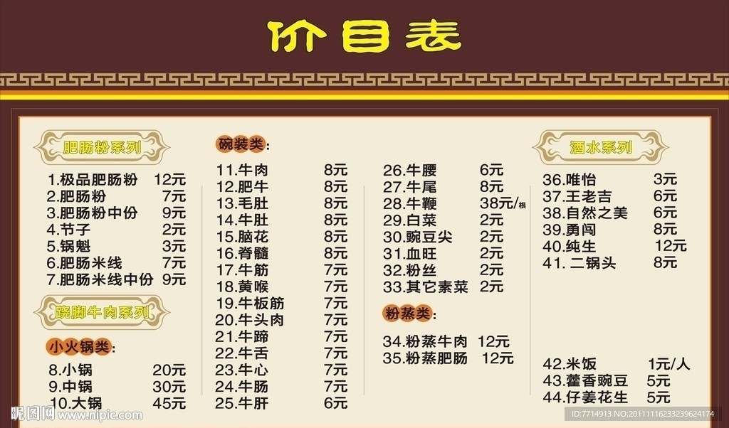 价目表