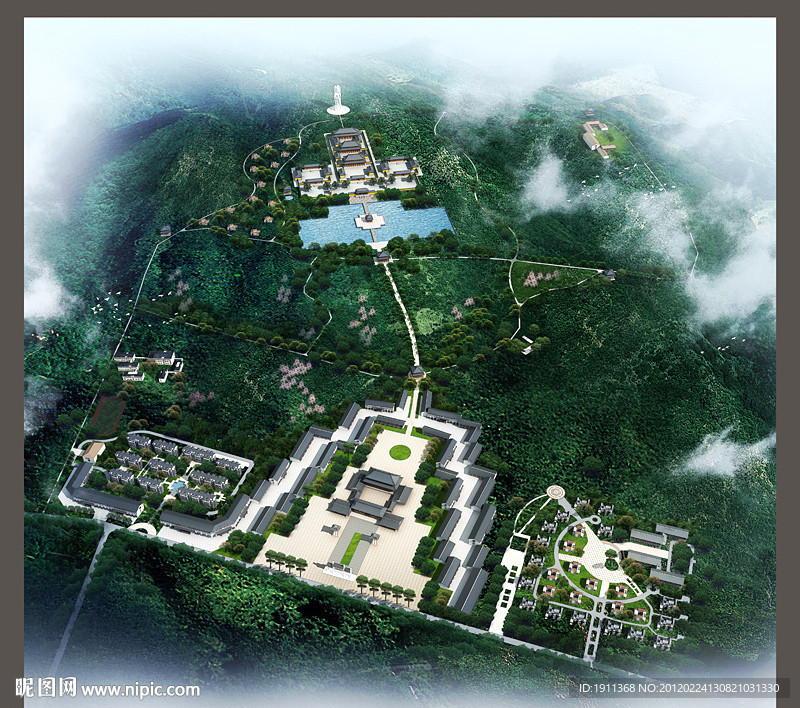寺院古建筑鸟瞰效果图模型后期文件打包