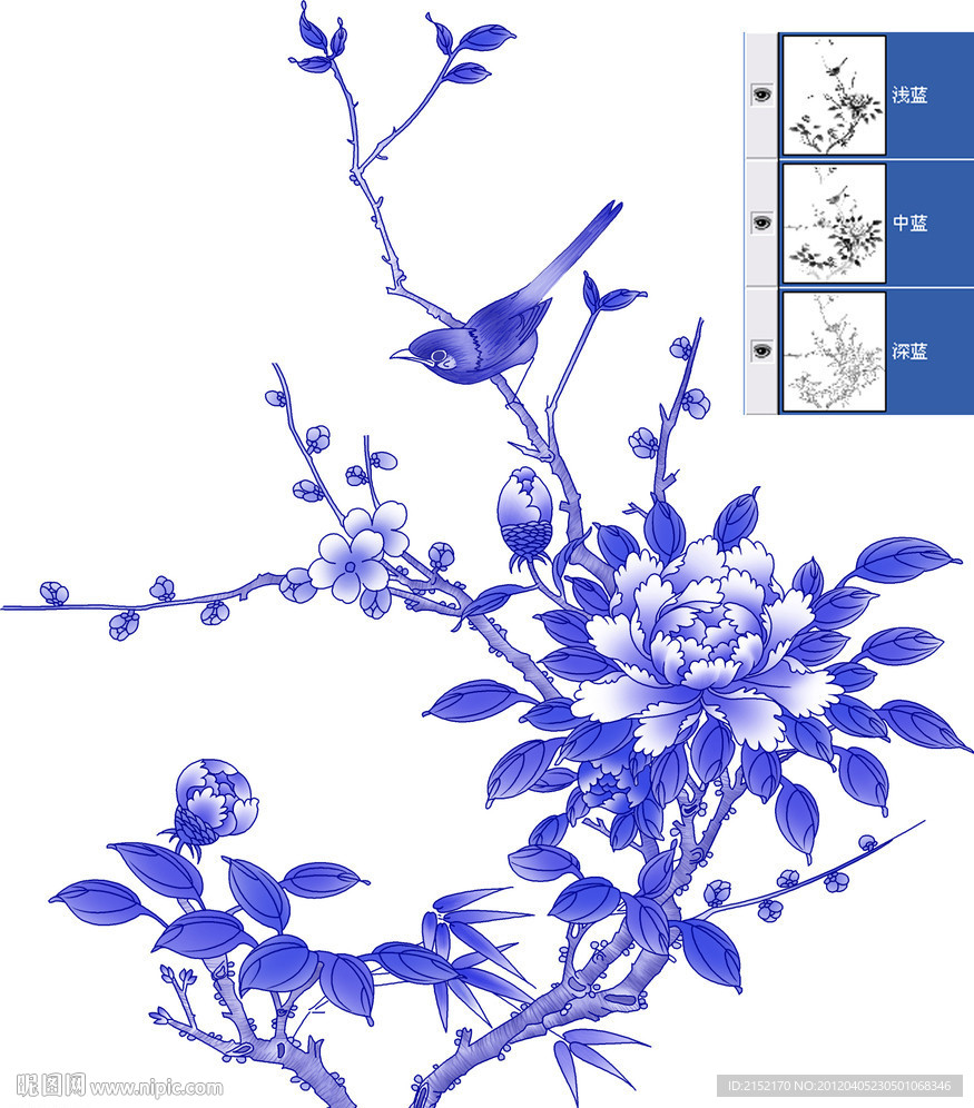 蓝彩牡丹花(通道分层)