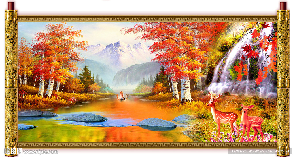 中堂壁画 聚宝盆风景