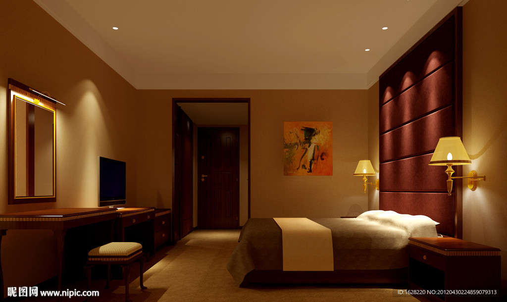 宾馆标准间大床房装修设计效果图