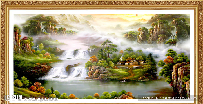 山水风景画 油画风景 流水生财