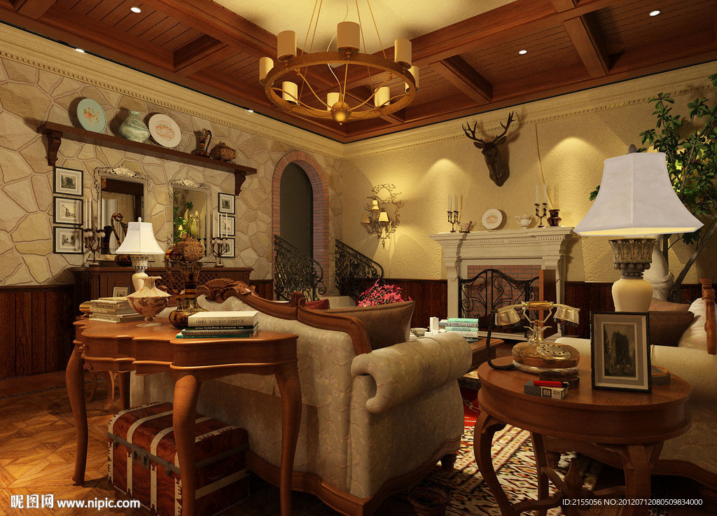 乡村美式别墅客厅室内效果图3d模型源文件