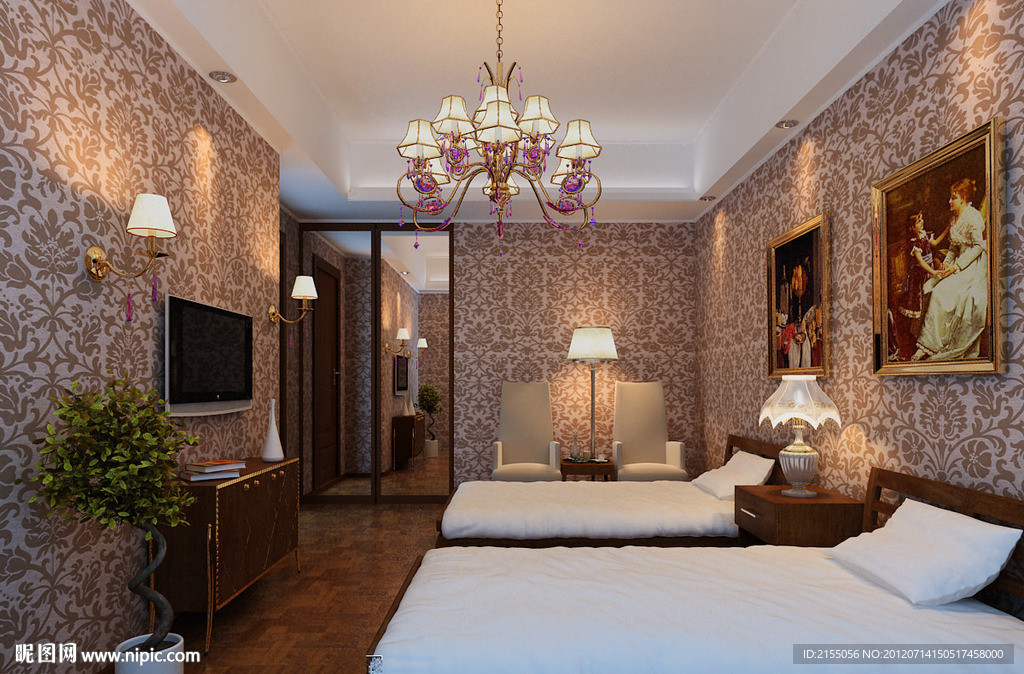 酒店客房标准件室内效果图3d模型源文件