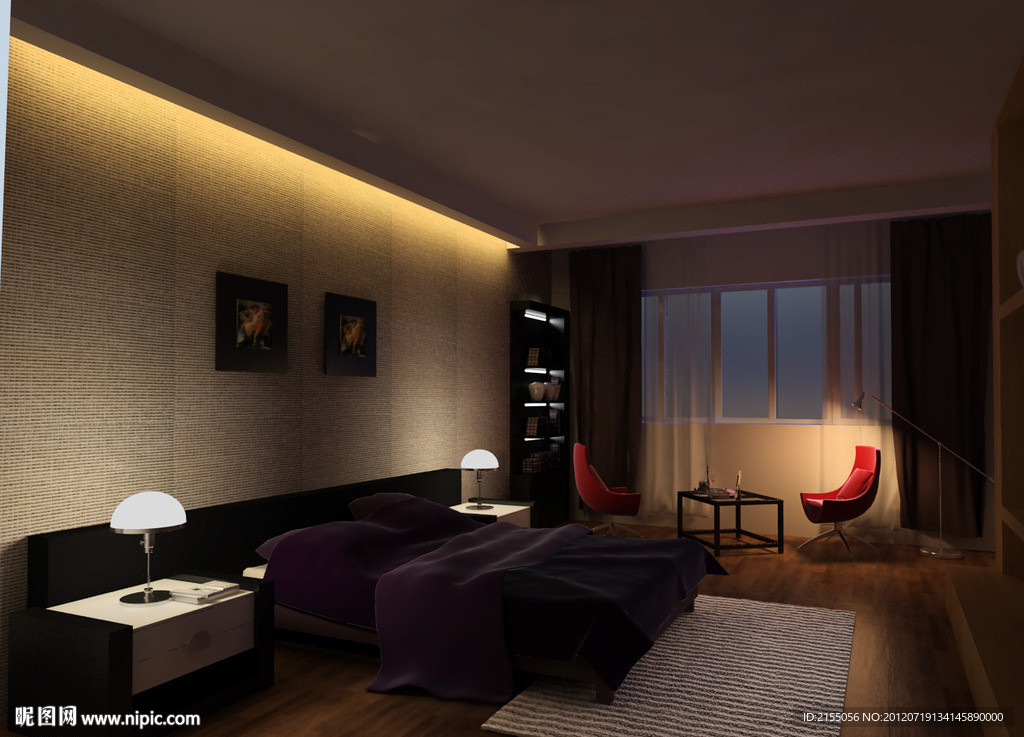 清新小卧室 室内夜景效果图3d模型源文件