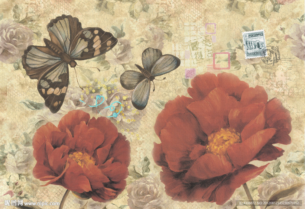 欧美油画 鲜花与蝴蝶