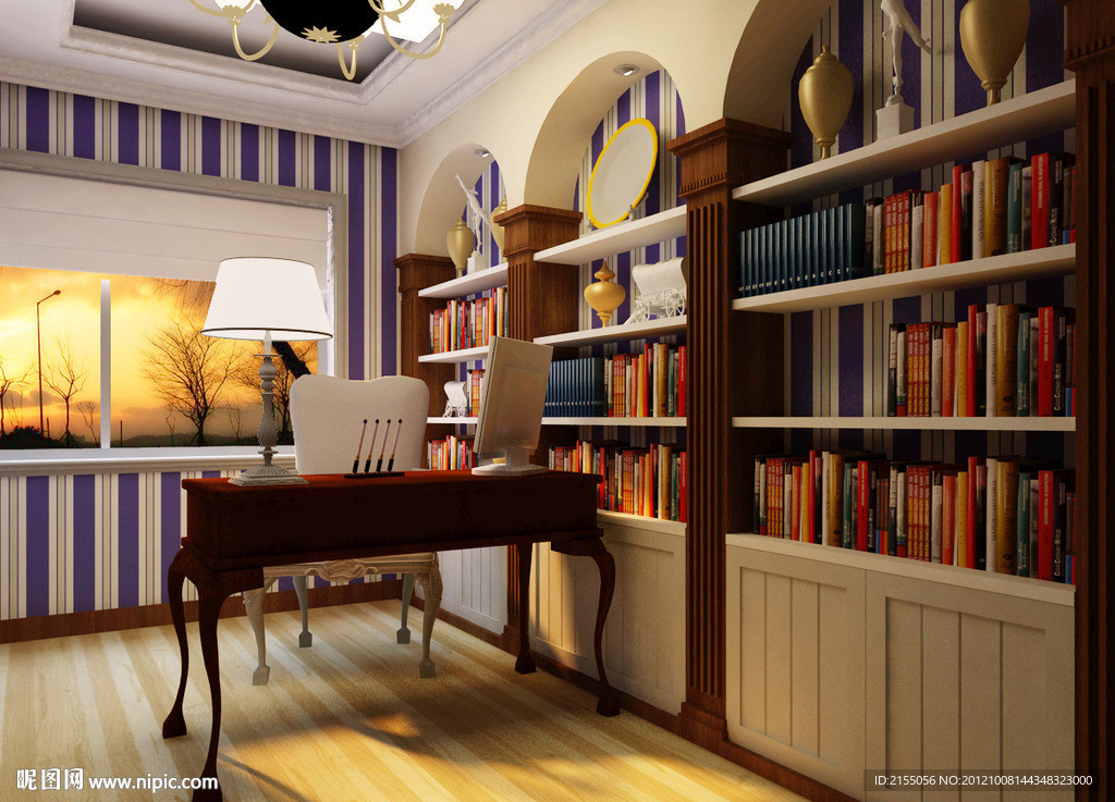 现代书房室内设计效果图3d模型源文件（含灯光材质）