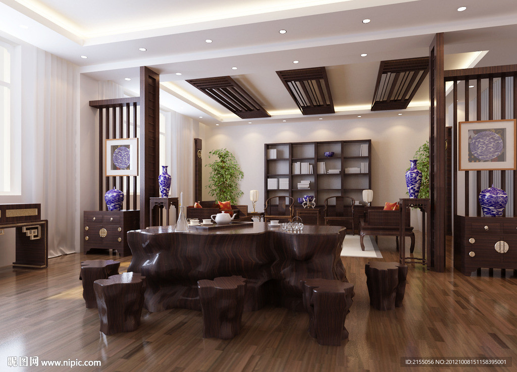 现代中式茶室书房室内效果图3d模型源文件