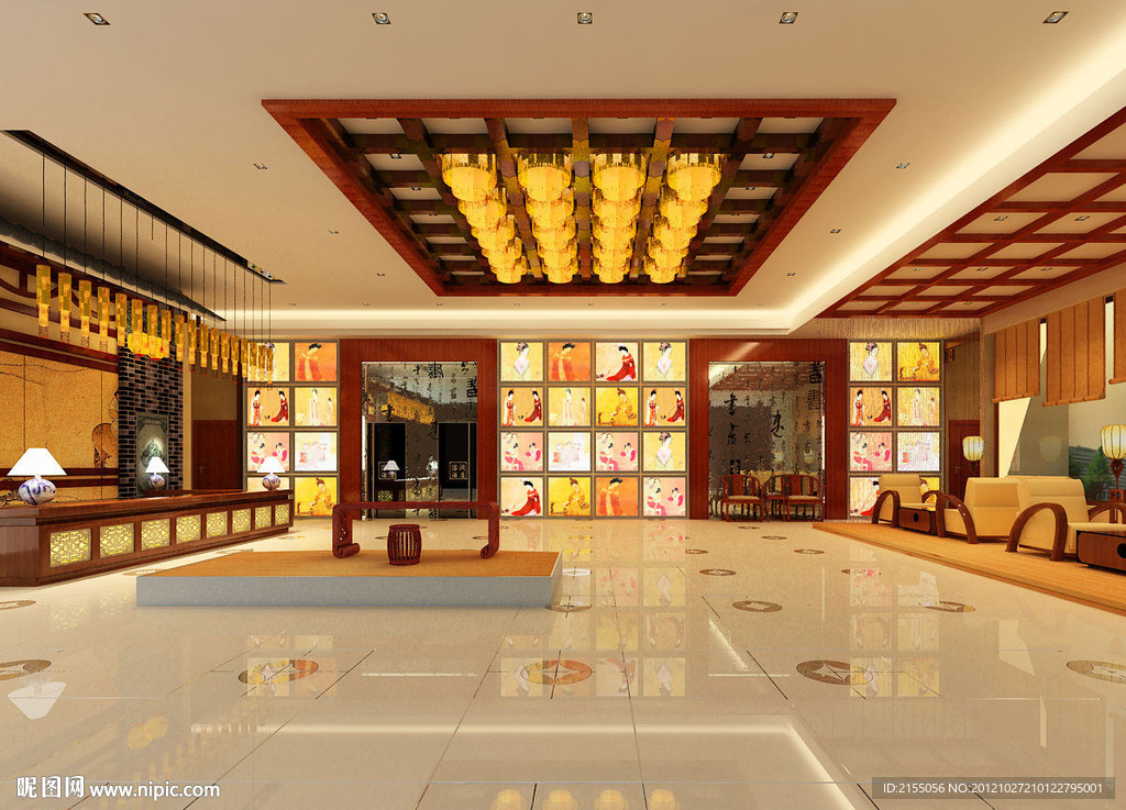 中式酒店大堂室内效果图3d模型源文件