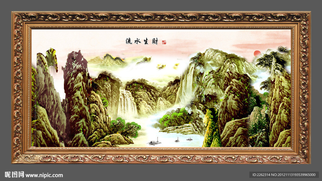 中国画油画山水瀑布松鹤psd源文件