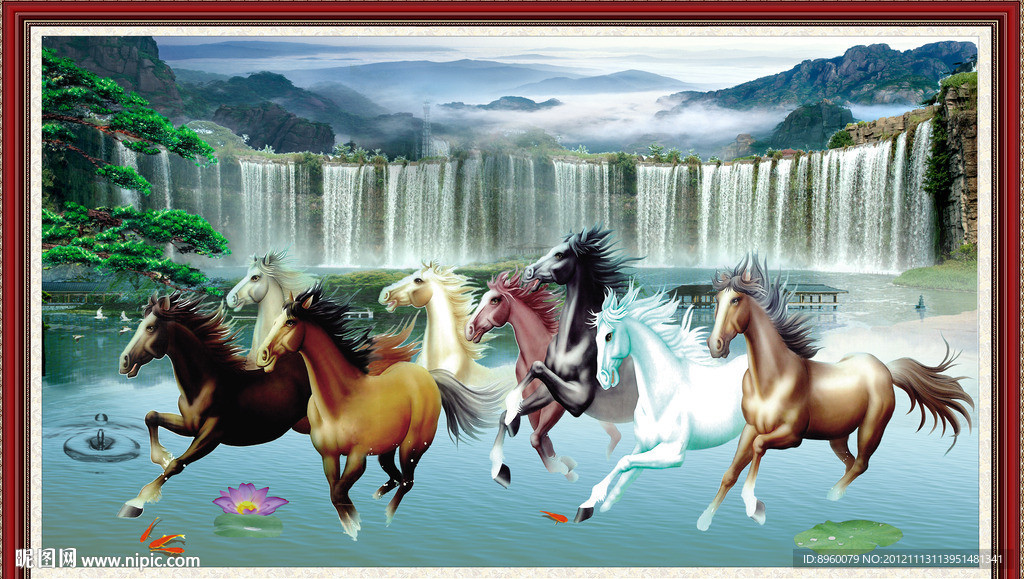 八骏图 山水风景画