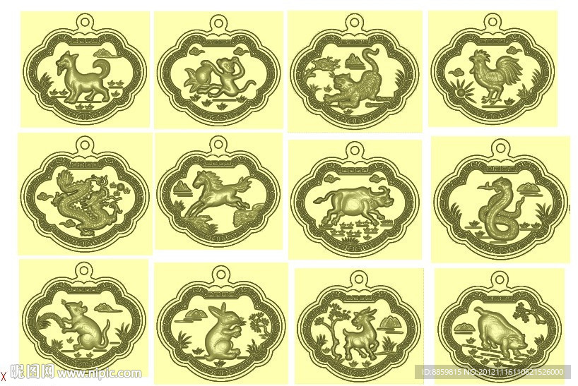 精雕图 12生肖挂件锁牌一套 jdp