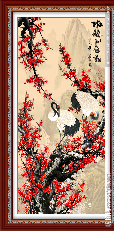 国画 梅花 仙鹤