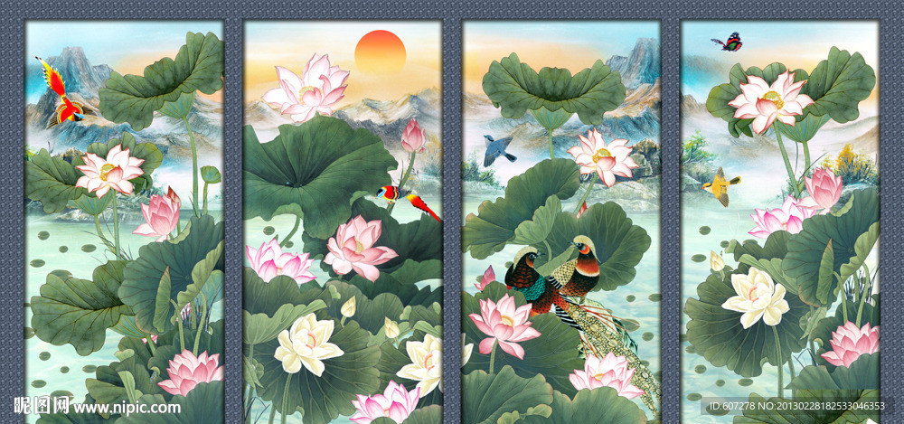 荷花条屏
