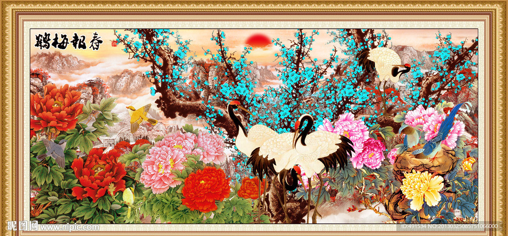 工笔挂画 鹤梅报春