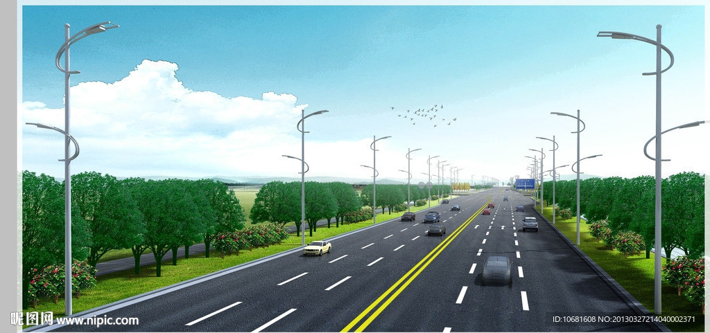 道路绿化日景透视