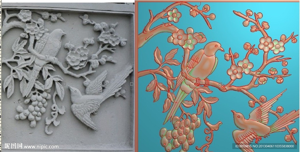精雕图 石雕 梅花鸟