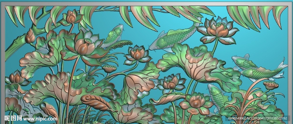 荷花小鱼精雕图