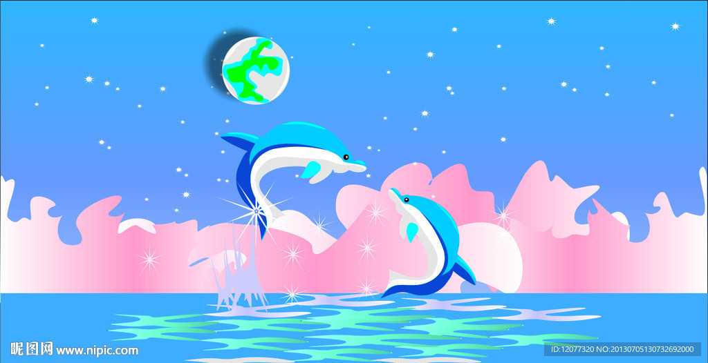 海豚戏月 矢量图