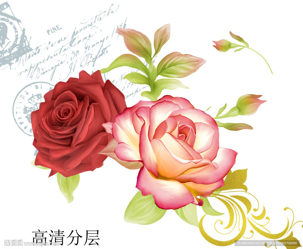玫瑰花 手绘效果图 psd分层文件