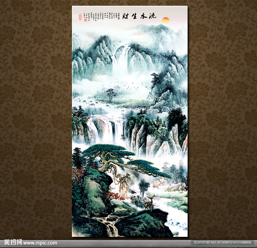流水生财国画装饰背景