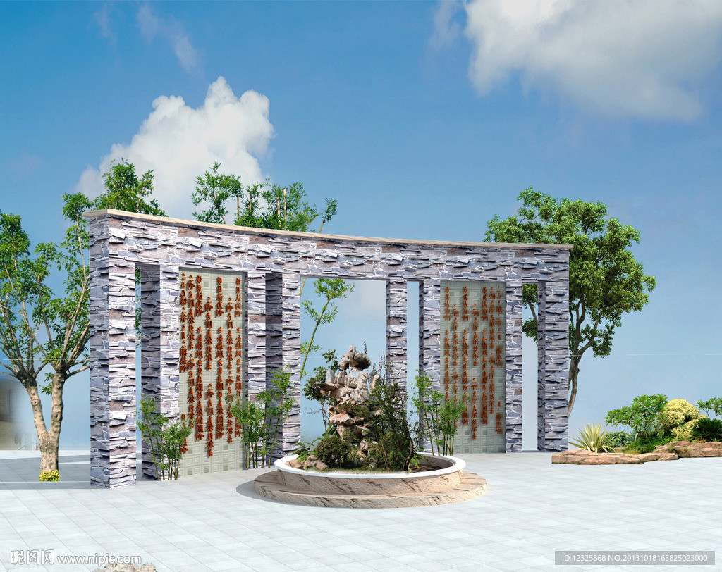 农家小院照壁墙效果图：唐语景观砖雕设计_图片_实景_来源