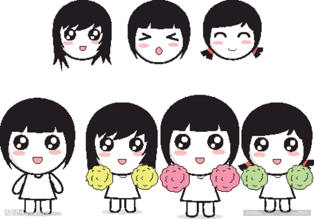 三只小女孩可爱矢量图