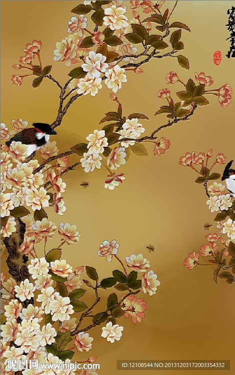 高清手绘国画花鸟