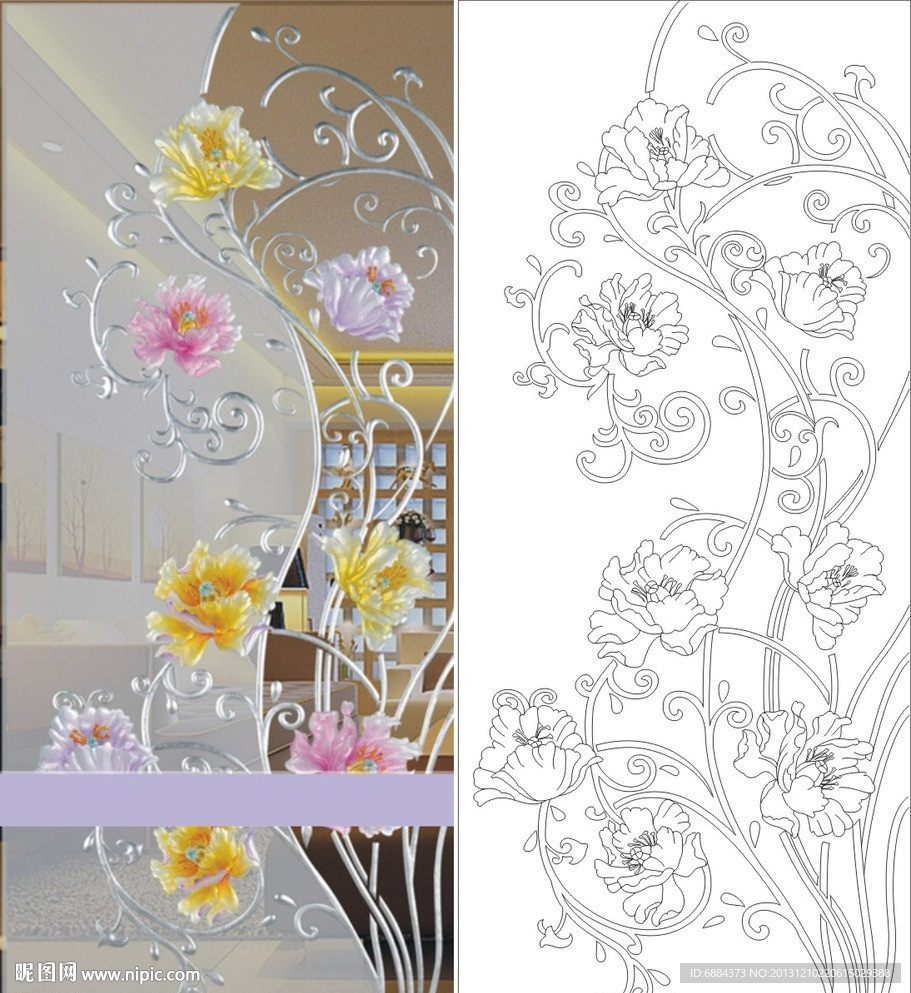 线条图 欧式花 牡丹