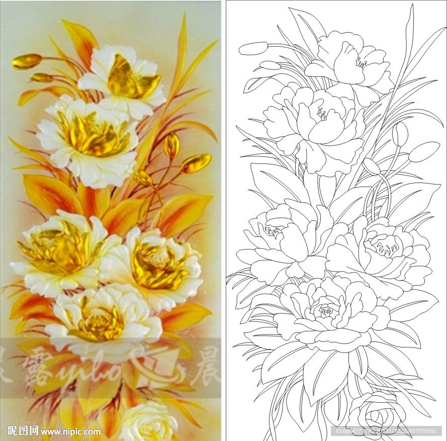 牡丹花 金色花 线条