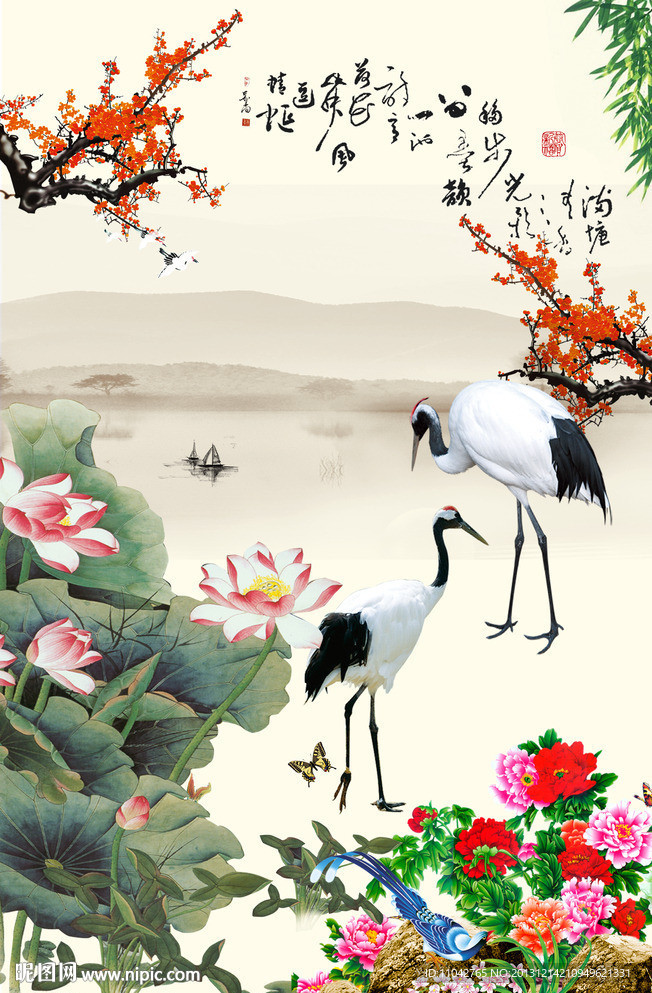 荷花仙鹤图