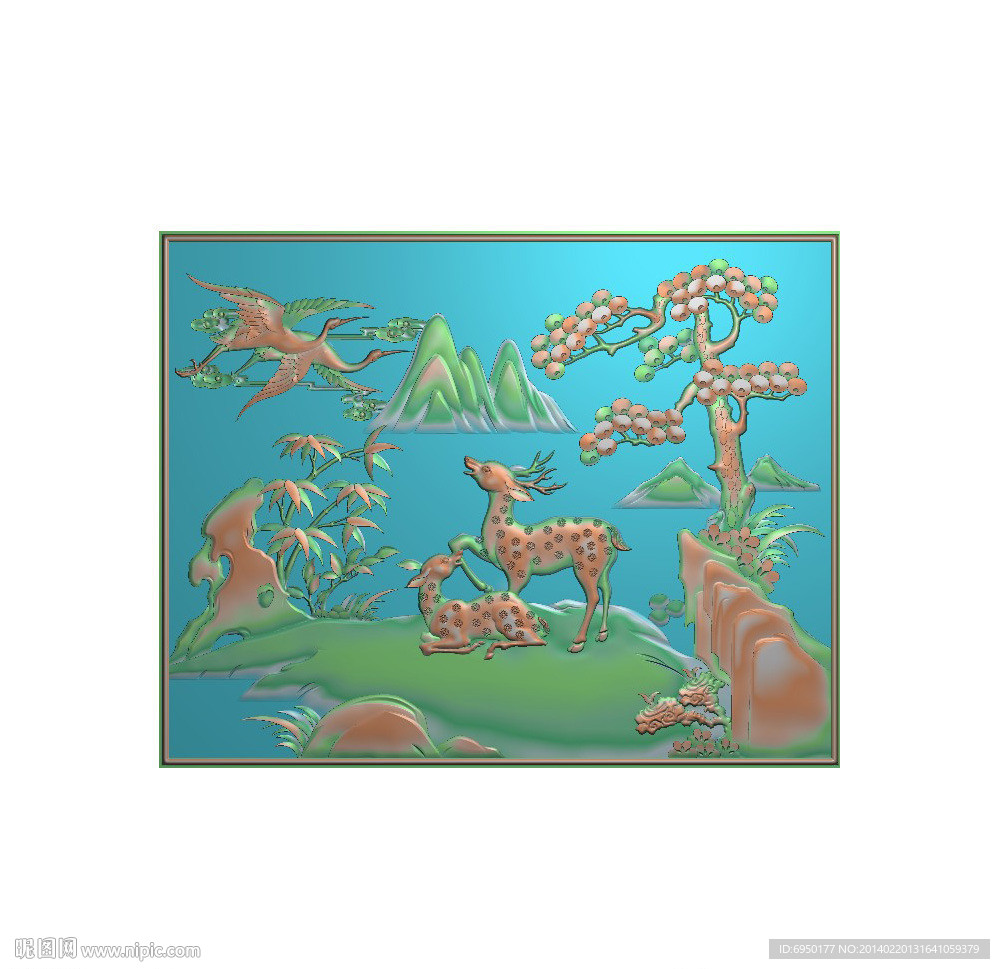 梅花鹿松鹤背板精雕图