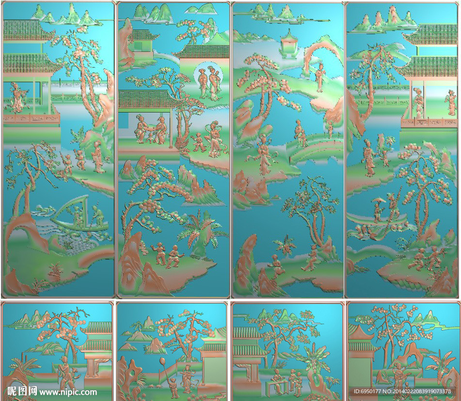 十二金叉山水人物精雕