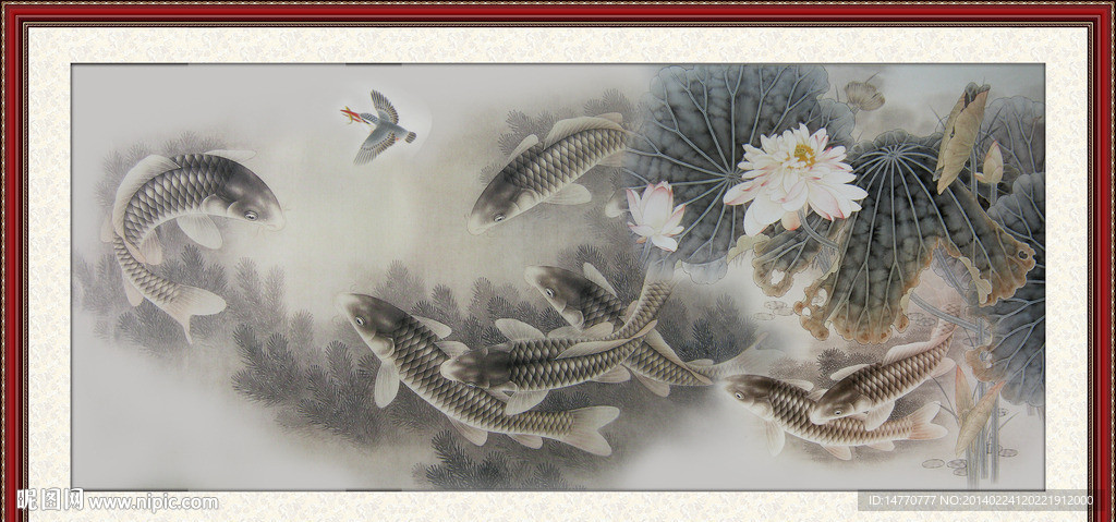 荷花九鱼图