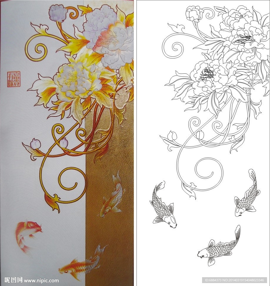 牡丹 鱼 线条