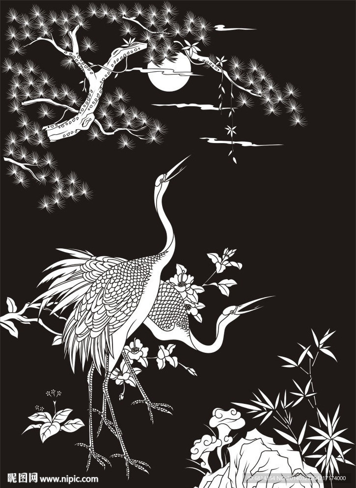 松鹤图 仙鹤 迎客松