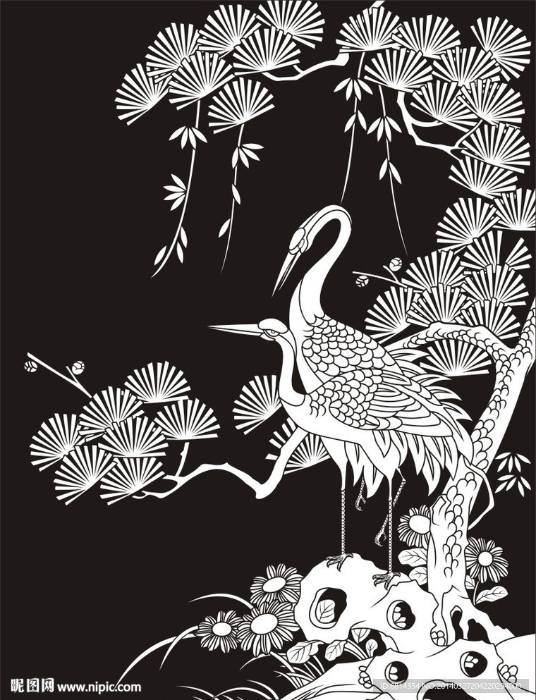 松鹤图 仙鹤 迎客松