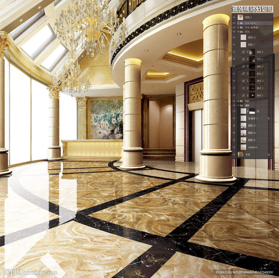 酒店大堂瓷砖铺贴分层