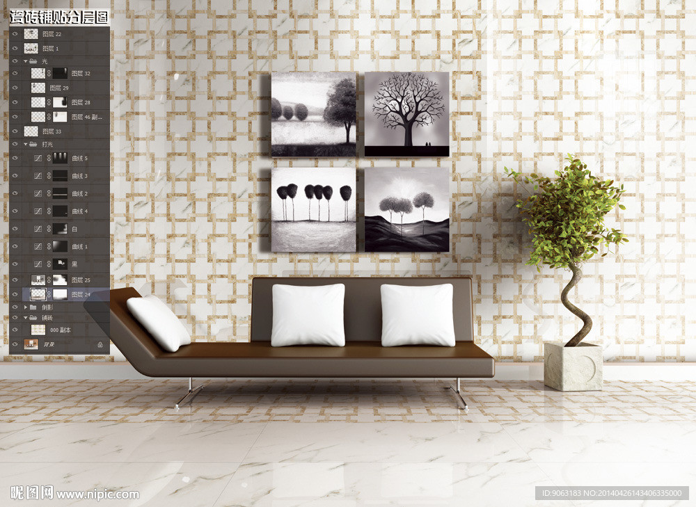 背景墙瓷砖铺贴分层图