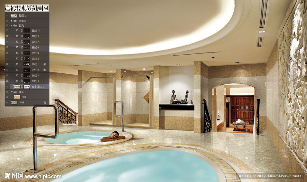室内池水瓷砖铺贴分层