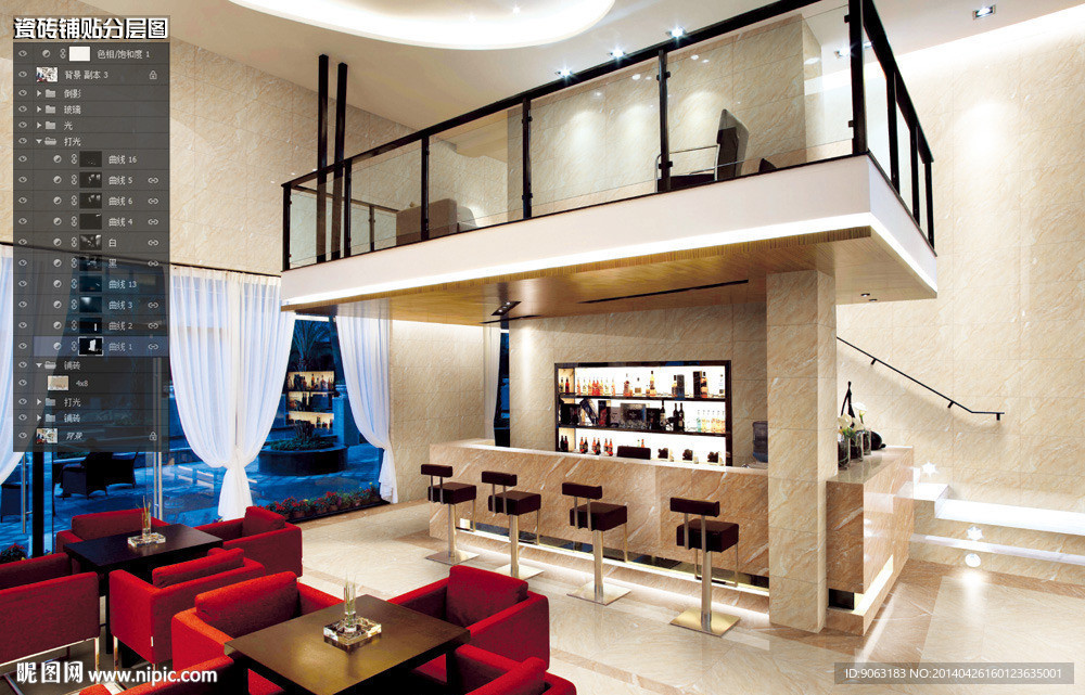 公共酒吧瓷砖铺贴分层