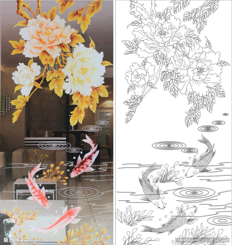 牡丹花 鱼 水纹