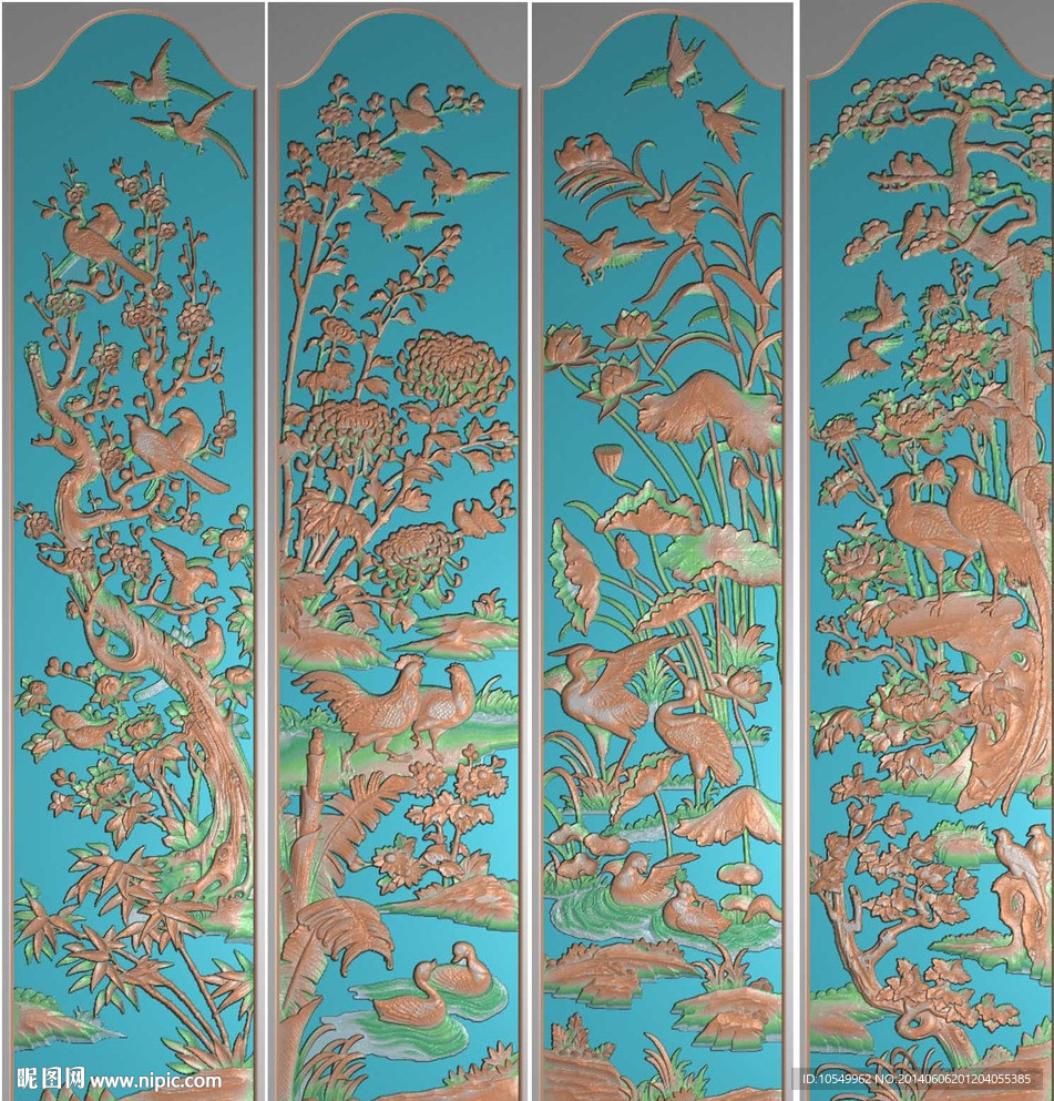 四季花鸟门板
