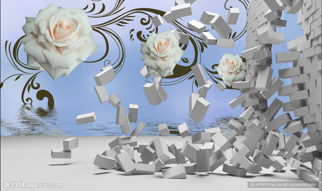 3d电视背景墙 白玫瑰