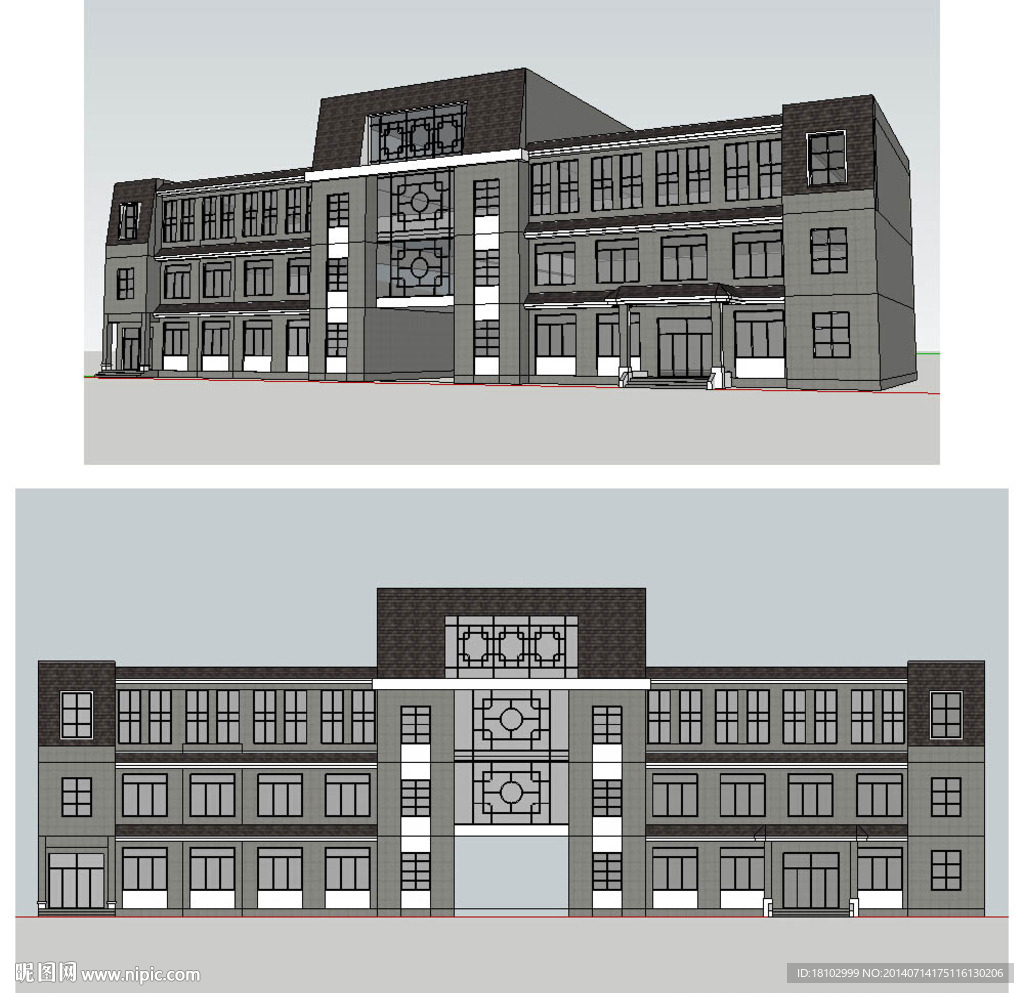 中式办公楼建筑SU草图