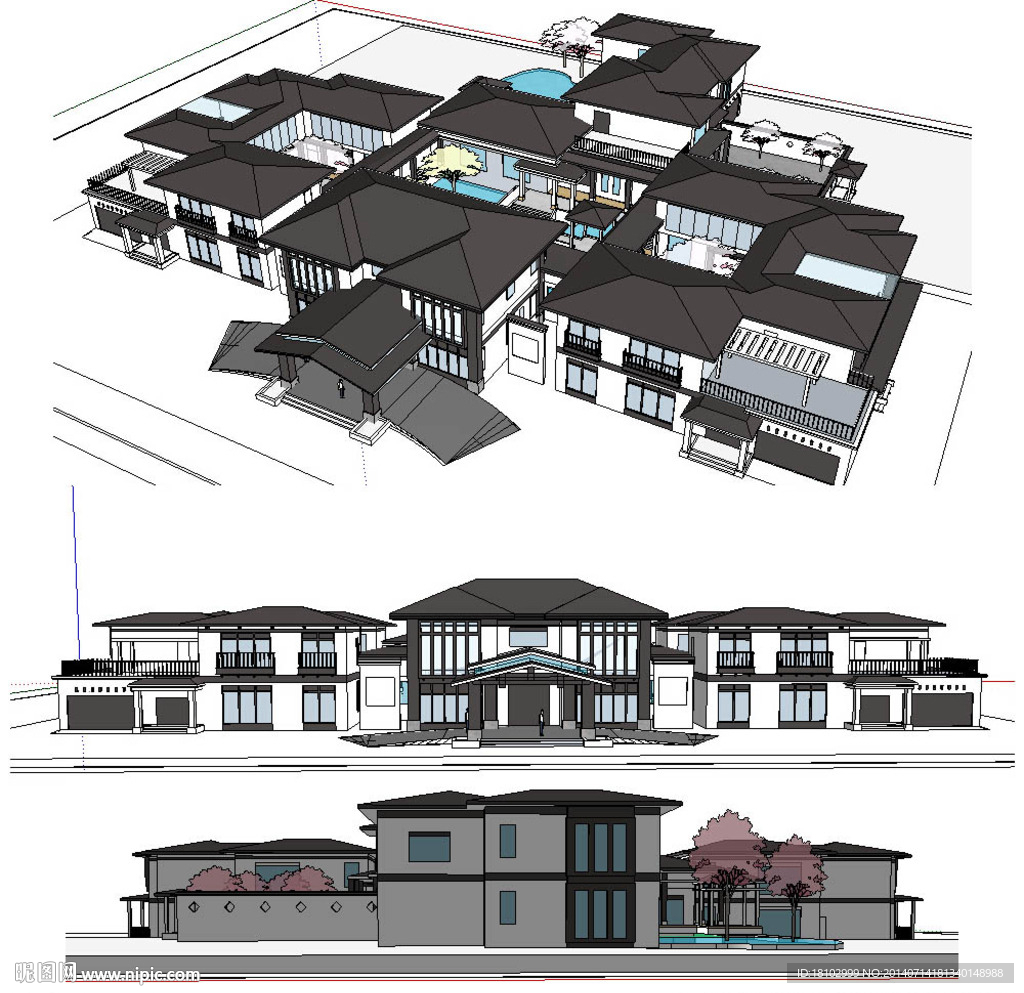 中式别墅会所SU建筑模