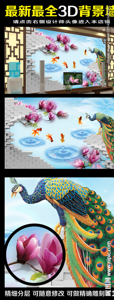 3D立体花鸟孔雀电视背