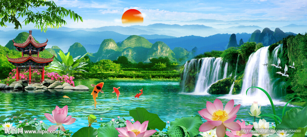 荷花山水画