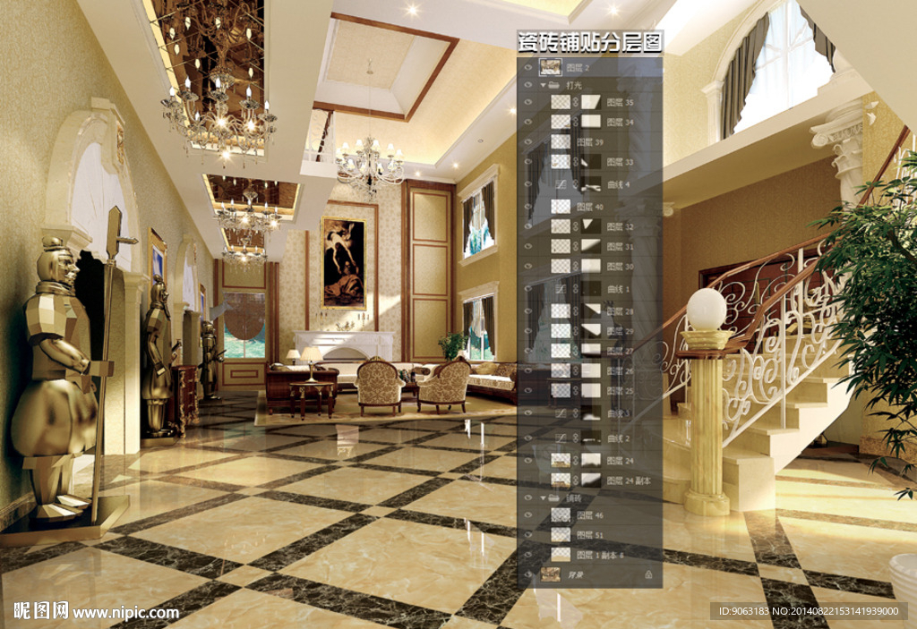 别墅客厅空间瓷砖铺贴